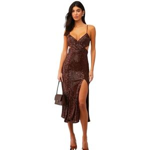NWT Saylor Harmonie Chocolate Sequin Midi Slit Cut Out Dress